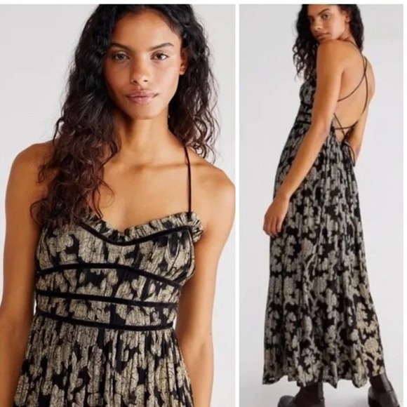 Free People Dresses & Skirts - Free People Charlie Bustier Maxi Dress M Corset Strappy Black Metallic Gold NWT